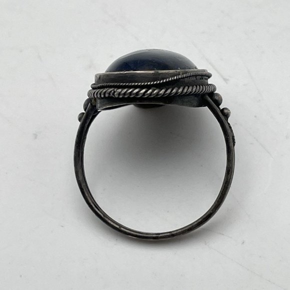 Sterling Steel Oval Shape Blue Gemstone Black Onyx Rope Cabochon Finger Ring - Picture 4 of 6